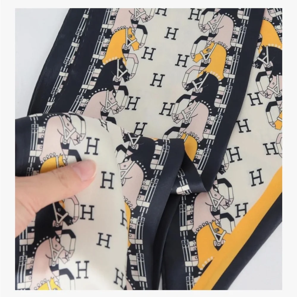 Elegant Black and Yellow Horse Silky Twilly Scarf Long Luxury Expensive Quality
